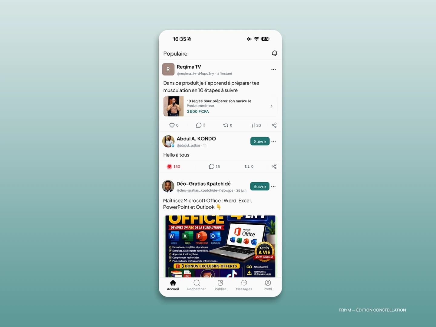 The Friym app, showing a digital product listed for sale inside the feed